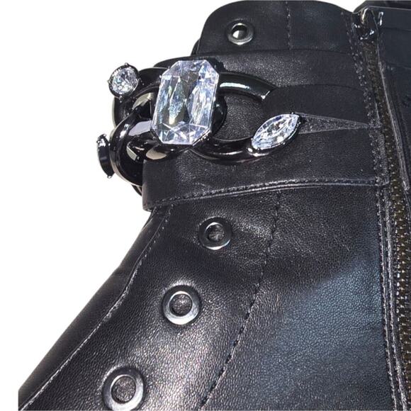 Karl Lagerfeld Paris Black Leather Lug Combat Boots with Jewel Buckle - Picture 3 of 9